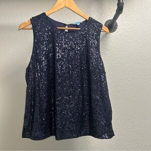 Draper James Sleeveless Sequin Blouse Women’s Size Large Navy Blue attached slip
